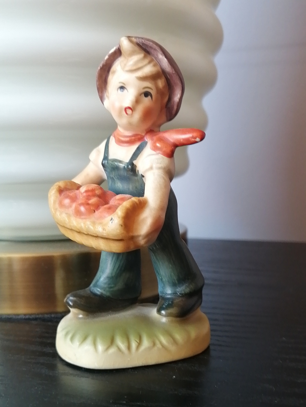 Vintage Hummel Like Boy Carrying Basket of Apples Figurine 1950s Retro Home Deco